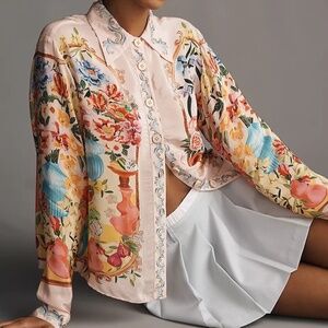 Unworn Farm Rio River Garden Terrace Floral Button Up Shirt in Pink